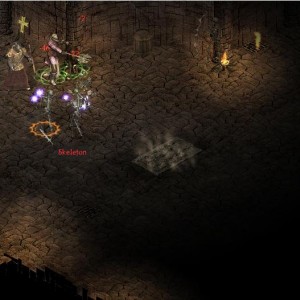 Maxmilian casts a lightning spell from a seal at a group of skeletons, while Hugo and Diabolus stand firm in melee combat.
